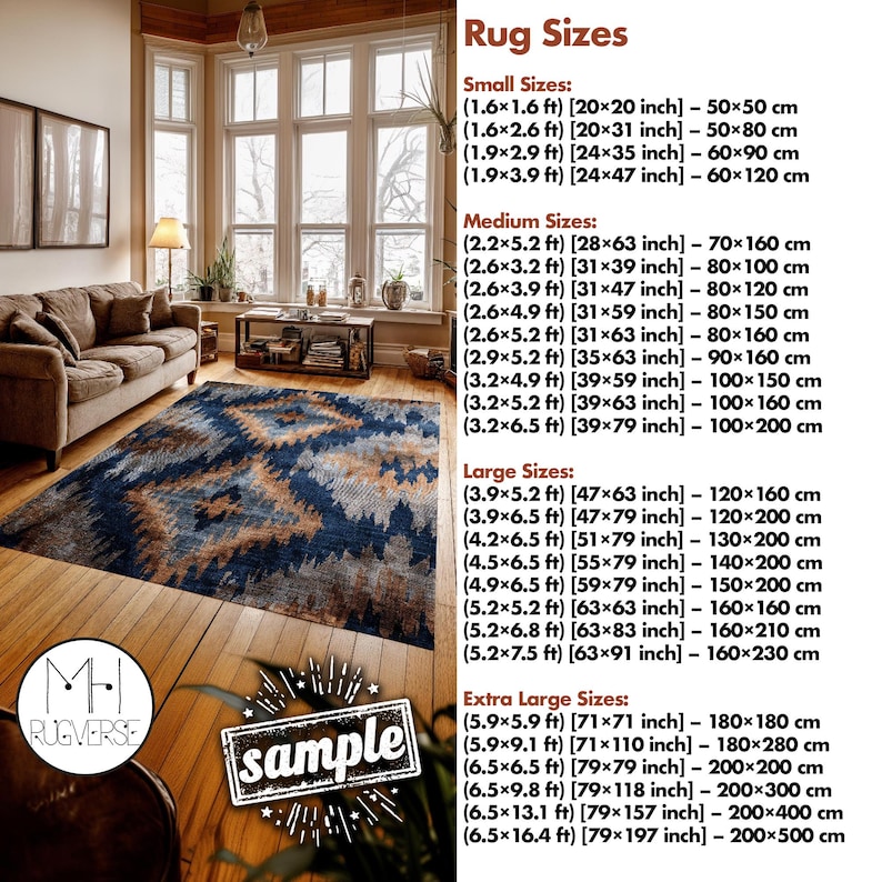 May include: A patterned rug in a living room, with blue and brown hues. The image displays rug sizes in inches and centimetres, from small to extra large. The image includes the text "sample" and the "RUGVERSE" logo.