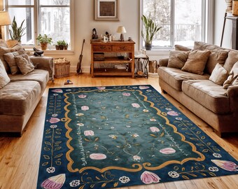 Teal Floral Area Rug: Vintage Tulip Motif, Art Nouveau Washable Rug