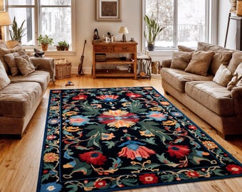 Vintage Botanical Floral Rug: Washable Vibrant Home Decor Rug, Black Rug, Floral Rug , Washable Rug