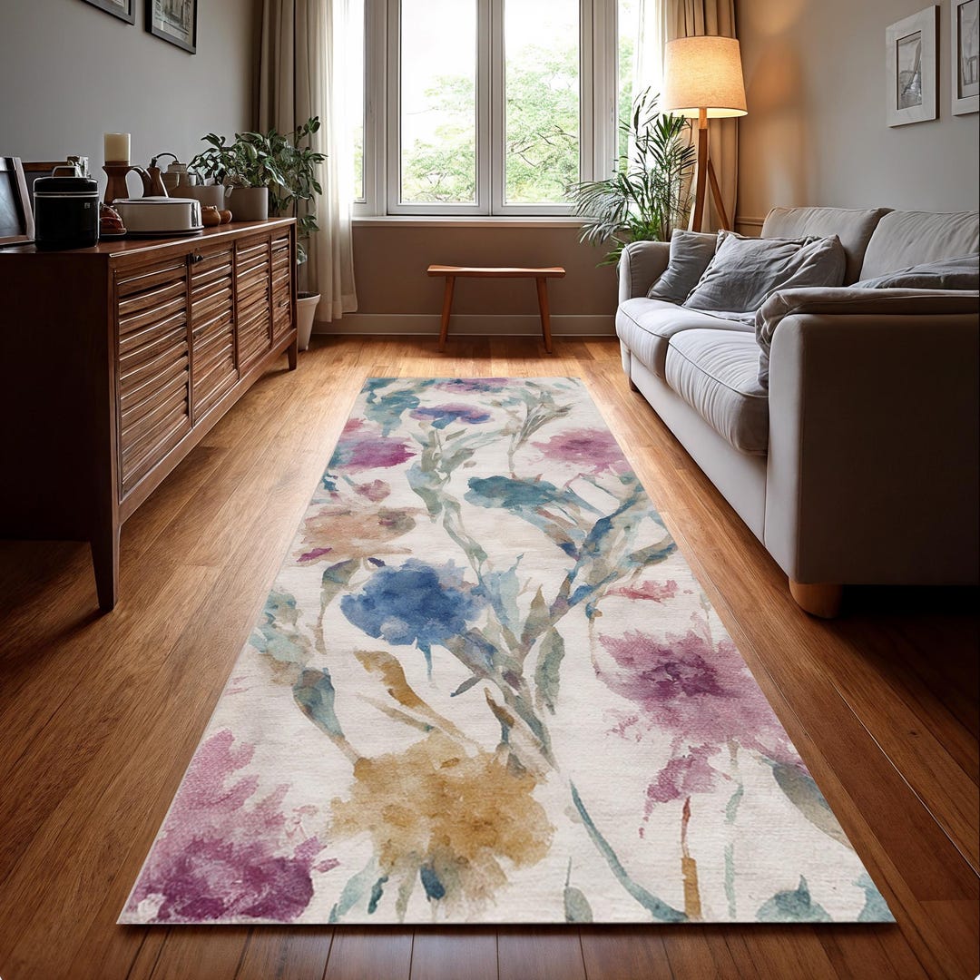 Watercolor Floral Runner Rug, Pastel Washable Rug, Botanical Hallway ...