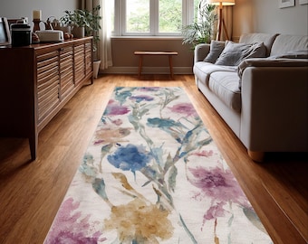 Watercolor Floral Runner Rug, Pastel Washable Rug, Botanical Hallway Rug, Romantic Cottage Style Rug,, Stair Rug, Kitchen  Rug,