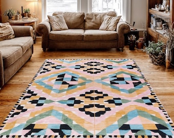 Tapete geométrico colorido, tapete lavável com estampa boho, tapete abstrato moderno, tapete multicolorido para sala de estar, decoração boho em tons pastel