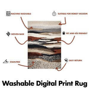May include: A rectangular rug with a digital print design. The rug features a woven base and is machine washable. The design incorporates shades of brown, beige, and gray, with the text "Washable Digital Print Rug" at the bottom.