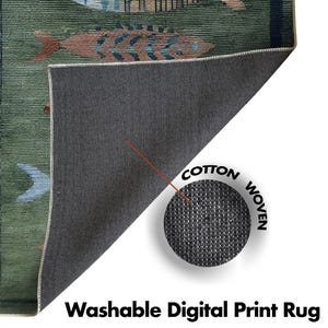 May include: A green rug with a fish pattern in shades of brown, blue, and white. The rug is labelled "Washable Digital Print Rug" and features a close-up of the cotton woven backing. The rug's design includes fish and other aquatic elements.