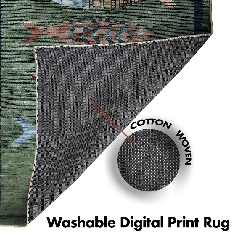 May include: A green rug with a fish pattern in shades of brown, blue, and white. The rug is labelled "Washable Digital Print Rug" and features a close-up of the cotton woven backing. The rug's design includes fish and other aquatic elements.