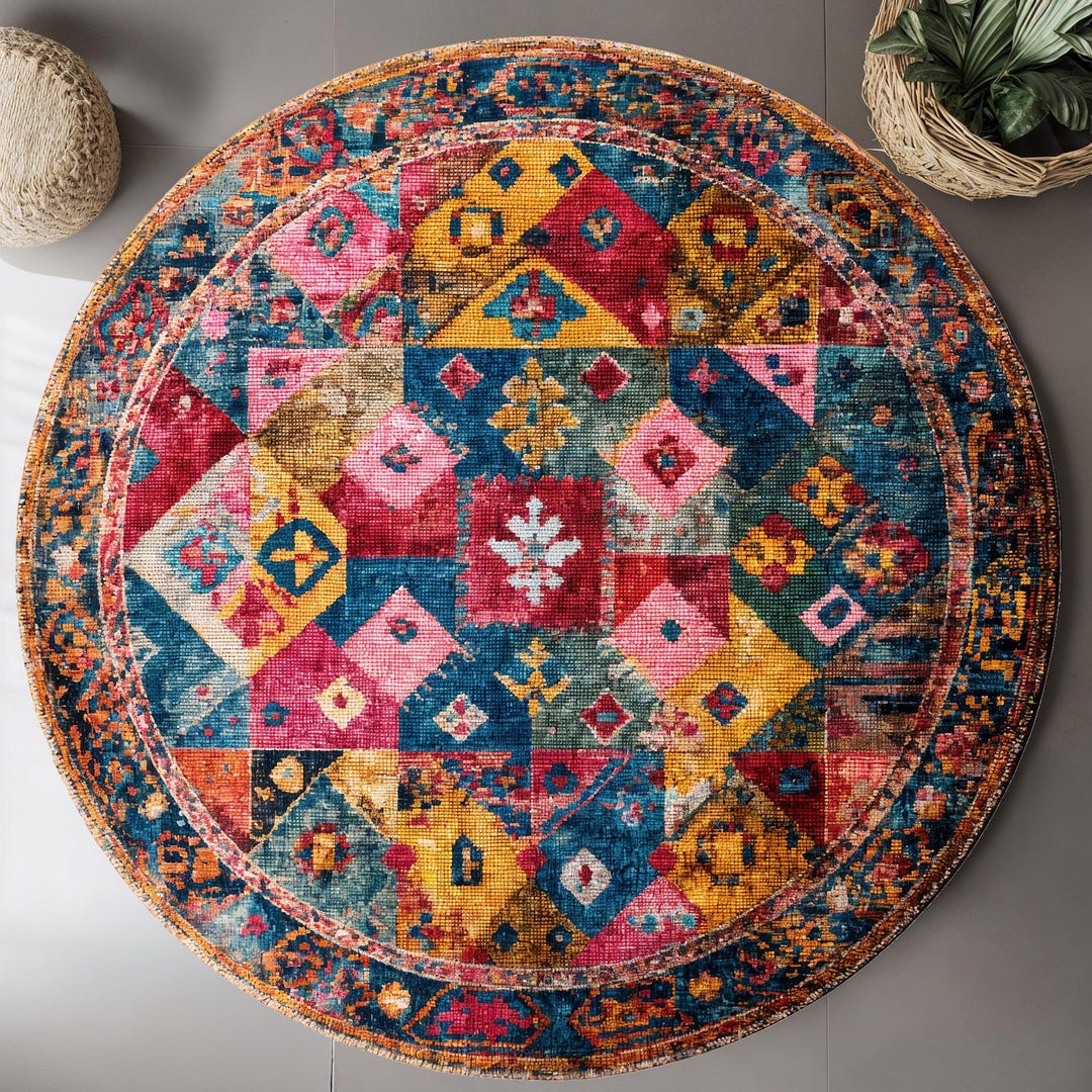 Colorful Round Digital Rug, Bohemian Tribal Pattern Area Rug, Vibrant ...