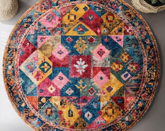 Colorful Round Digital Rug, Bohemian Tribal Pattern Area Rug, Vibrant Ethnic Style Floor Decor, Multicolor Mandala Inspired Design,