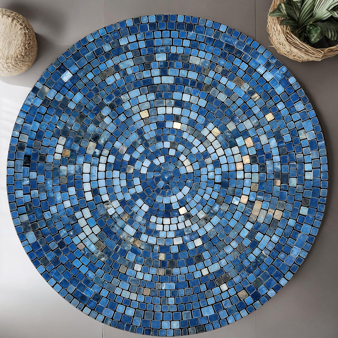Blue Mosaic Round Rug, Boho Circle Rug, Modern Mandala Rug, Coastal ...