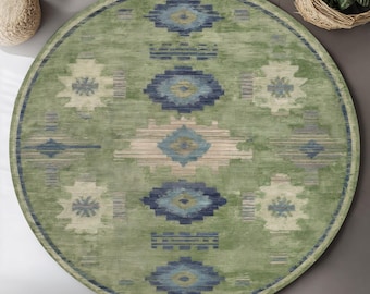 Green Boho Round Rug, Washable Aztec Rug, Blue Geometric Round Rug, Tribal Pattern Rug, Ethnic Bohemian Rug, Soft Digital Print Rug