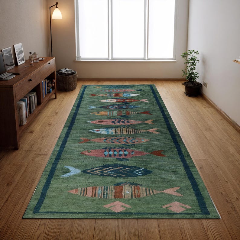 May include: A rectangular green rug with a dark blue border. The rug features a repeating pattern of colourful fish in shades of pink, blue, orange, and yellow. The rug is placed on a hardwood floor.
