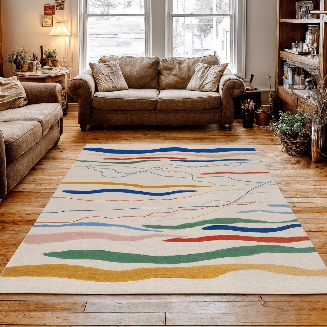 Abstract Rug Minimalistic Abstract Line Art Rug – Minimal Modern Colorful Area Rug for Artistic ...