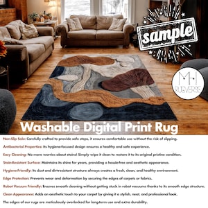 May include: A digitally printed rug with a mushroom design in brown, blue, and beige. The rug has the text "Washable Digital Print Rug". It is designed to be non-slip, stain-resistant, and easy to clean, with dimensions suitable for a living room.