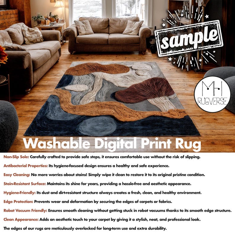 May include: A digitally printed rug with a mushroom design in brown, blue, and beige. The rug has the text "Washable Digital Print Rug". It is designed to be non-slip, stain-resistant, and easy to clean, with dimensions suitable for a living room.