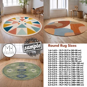May include: A selection of round rugs with diverse designs. One rug displays a geometric pattern with teal, coral, and yellow triangles. Another features abstract shapes in brown, orange, and blue. The third rug is green with a floral design.
