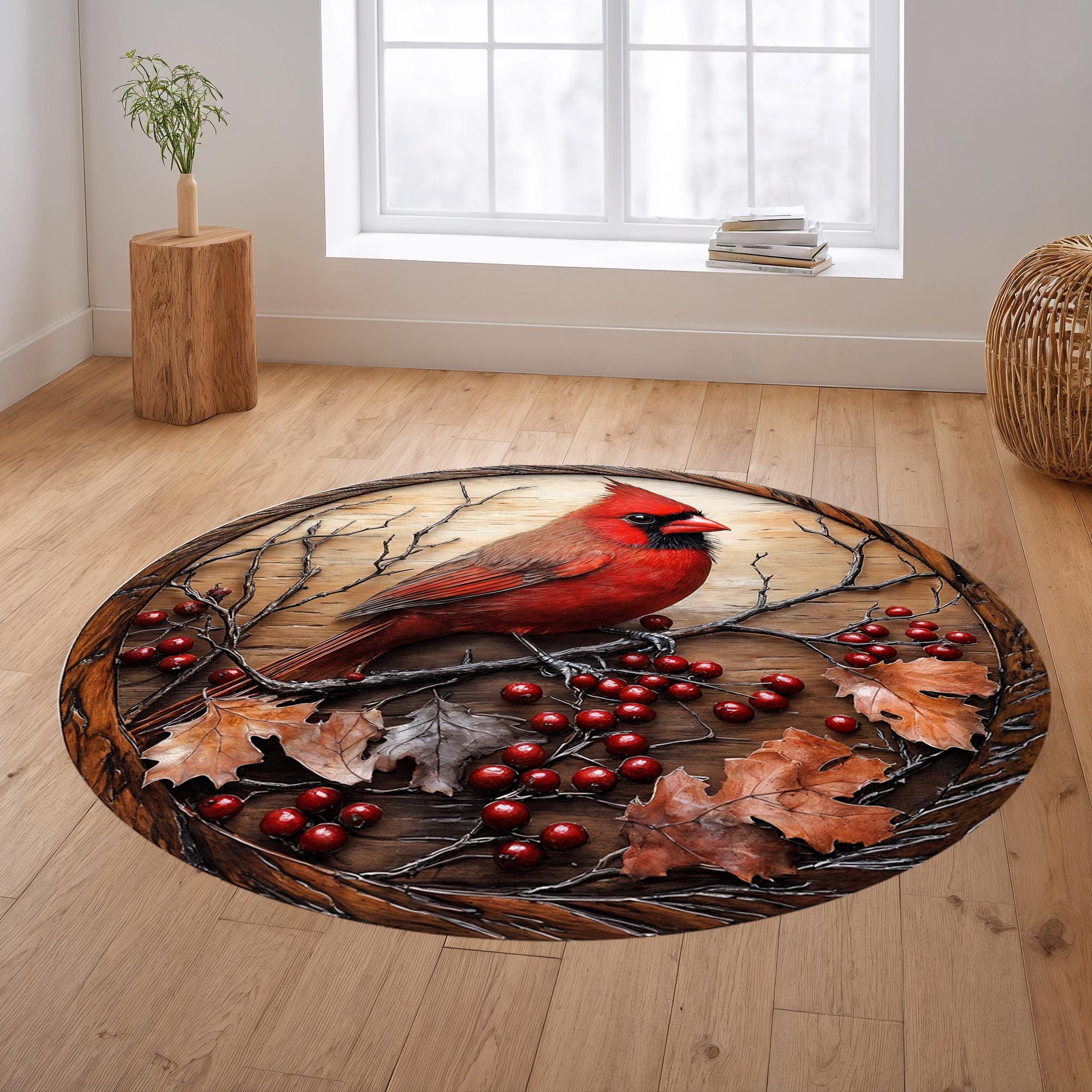 Rustic Cardinal Bird Rug, Round Digital Print Rug, Woodland Washable ...