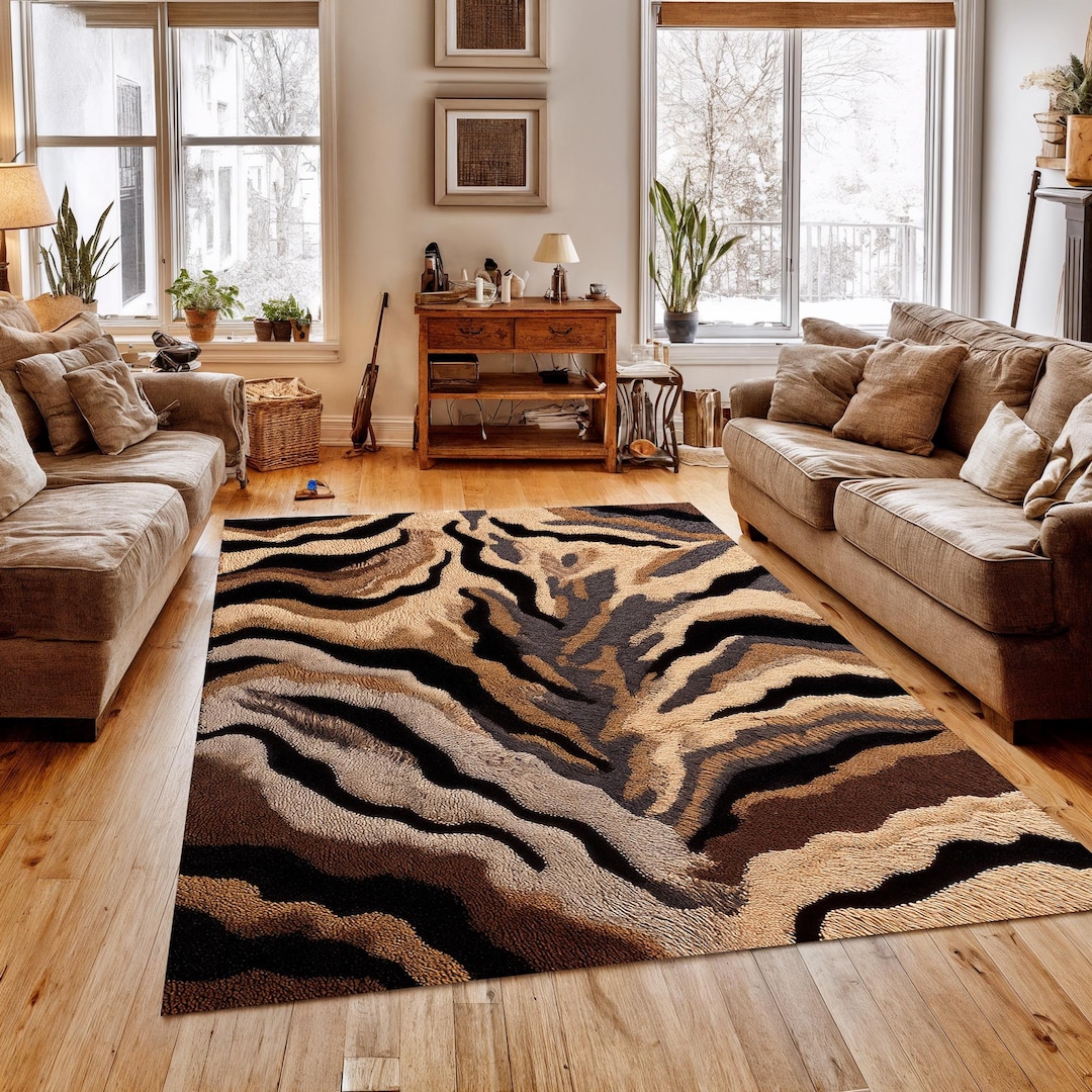 Modern Zebra Print Rug, Brown Beige Shaggy Rug, Animal Print