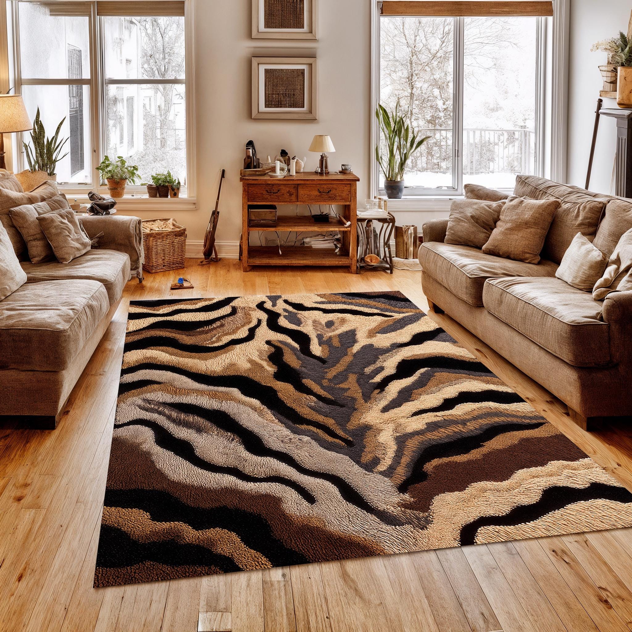 ■送料無料■期間限定！新作!!ENGINEERED GUARANTEED RUG Modern Zebra Print Rug, Brown Beige Shaggy Rug, Animal Print