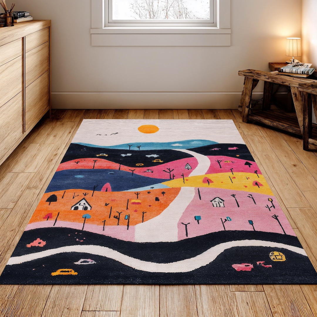 Colorful Kids Room Rug, Playful Landscape Rug, Modern Abstract Hill ...