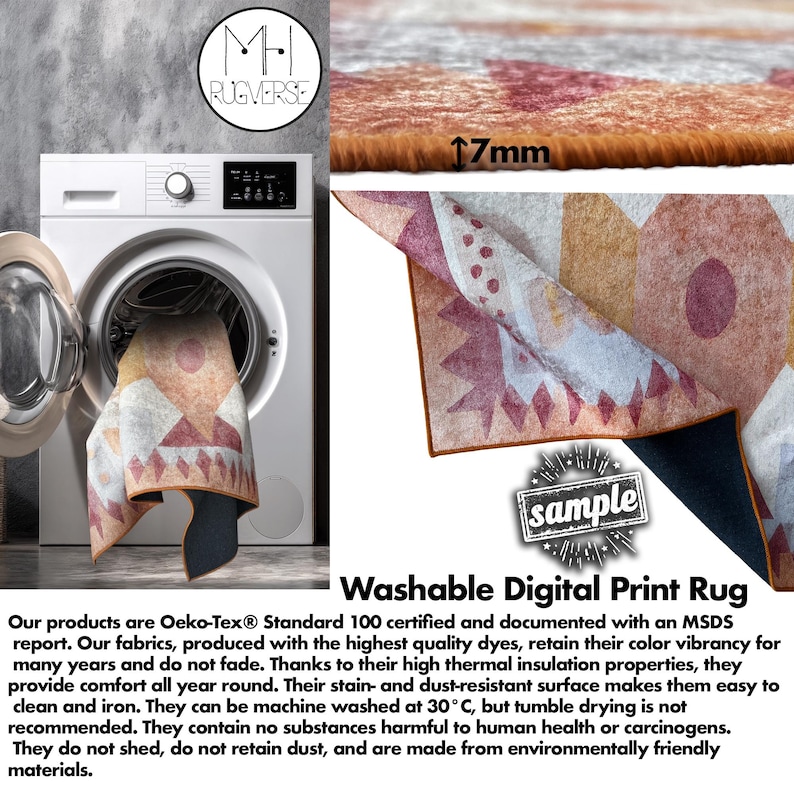May include: A washable digital print rug with a geometric design in shades of red, orange, and cream is shown inside a washing machine. The rug's thickness is 17mm. The rug is stain and dust resistant.