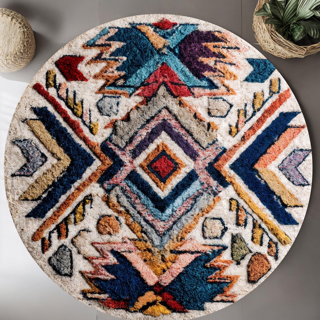 Aztec Round Rug, Colorful Boho Rug, Geometric Washable Rug ...