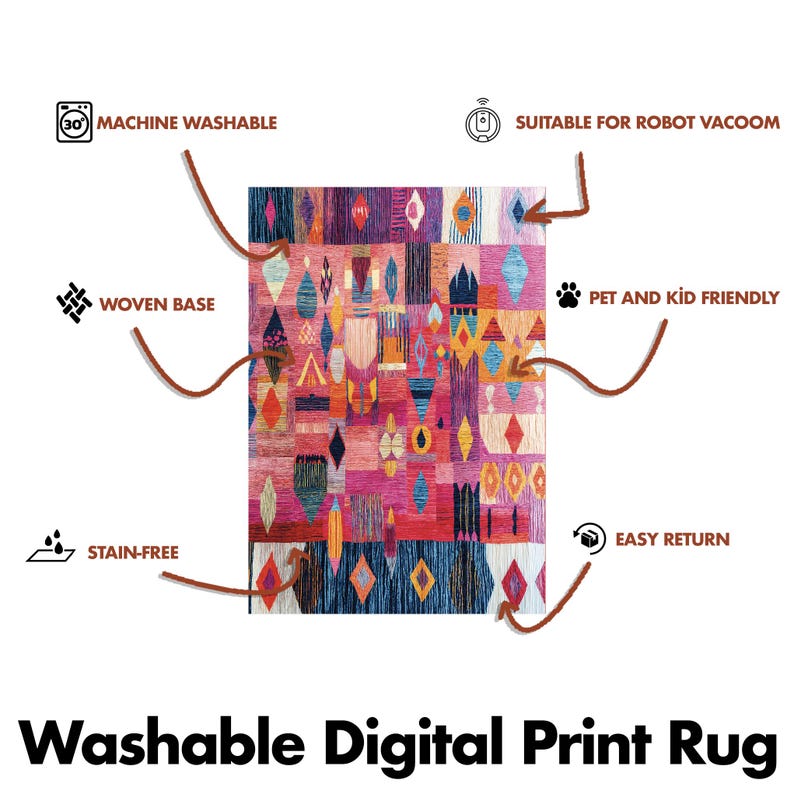 May include: A rectangular, digitally printed rug with a vibrant geometric pattern in shades of pink, red, blue, and yellow. The rug features a woven base and is stain-free. The text on the rug says "Washable Digital Print Rug".