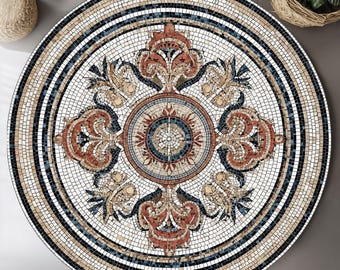 Round Mosaic Rug, Vintage Medallion Design, Classic Boho Round Area Rug, Mediterranean Style Rug