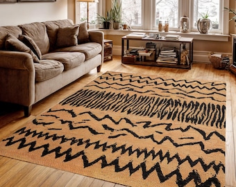 Tribal Boho Digital Matta, Neutral Etnisk Mönster Matta, Modern Minimalistisk Golvdekoration, Beige Och Svart Geometrisk Design, Boho Matta