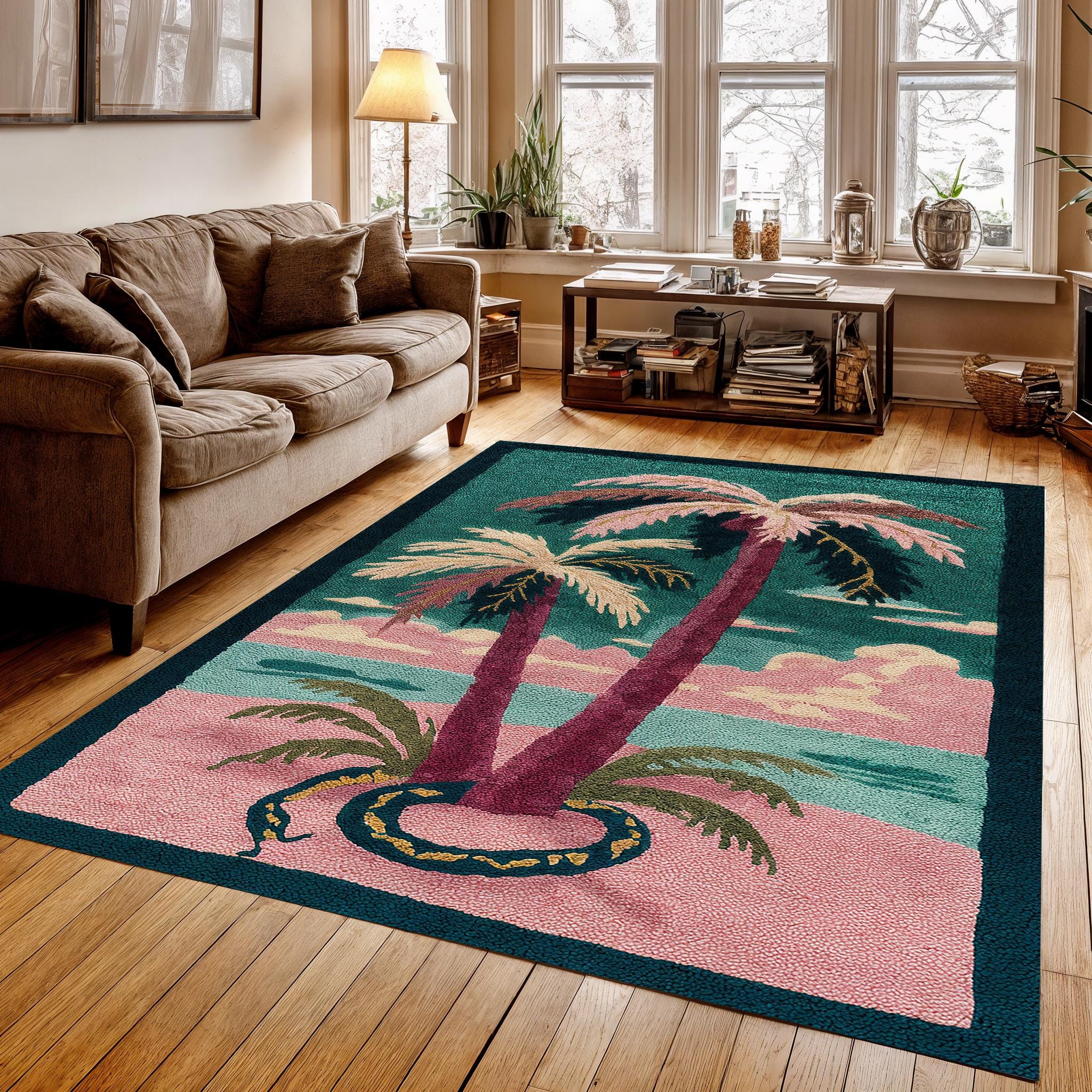 Digital Rug Tropical Palm Digital Rug, Retro Beach Style Area Rug, Sunset Coastal ...