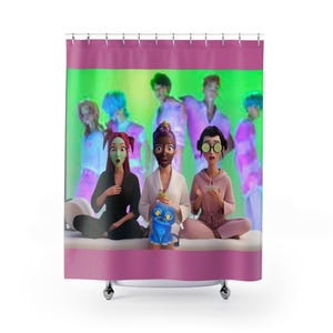May include: Shower curtain featuring a cartoon spa scene. Three women are in the foreground, each with a different face mask and attire. A blue cat-like figure sits between two of the women. The background shows other figures in a spa-like setting.
