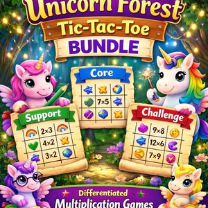 Paquete de tres en raya del bosque de unicornios • Lección 2 • Juegos de multiplicación • Apoyo + Base + Desafío • Grados 2–3 • Actividades de matemáticas imprimibles
