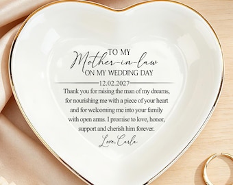 Personalized Mother in Law Wedding Gift Plate, Custom Mother of the Groom Ring Dish, Elegant Ceramic Keepsake with Name and Date