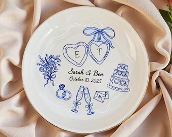Personalized Wedding Ring Dish with Initials, Custom Ceramic Engagement Ring Holder Plate, Blue Line Art Keepsake Gift for Couple