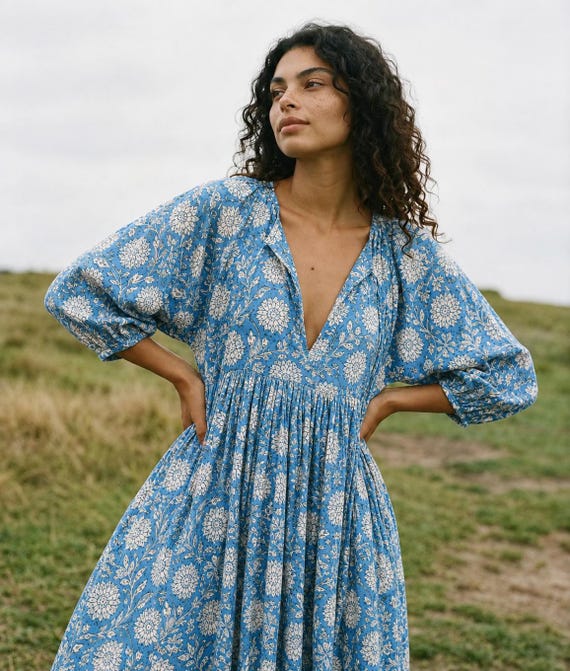 blue floral boho midi dress Ocean Block Print Cotton | Jaipur Hand Printed Women's Dress Size:S(4-6) Whether youre attending a NPU-JANICA-202147 Older Ladies Mature Women's