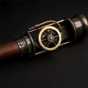 Może przedstawiać: Urządzenie w stylu steampunk z ciemnym drewnianym uchwytem oraz mosiężnymi i miedzianymi akcentami. Projekt obejmuje małe koło, rury i różne metalowe elementy, wszystko na czarnym tle. Ogólna estetyka jest przemysłowa i vintage.