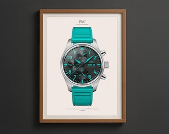 May include: Framed print of a wristwatch with a teal band and accents. The watch face is dark gray with teal hands and numerals. The brand name "IWC" is at the top. The watch is displayed on a cream background.