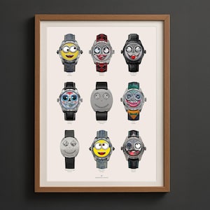 Peut inclure: Une affiche encadrée présentant neuf montres-bracelets originales avec des visages de dessins animés expressifs. Chaque montre a un design différent, avec des bracelets en cuir noir et des cadrans argentés ou noirs. Disposition en grille sur fond crème.