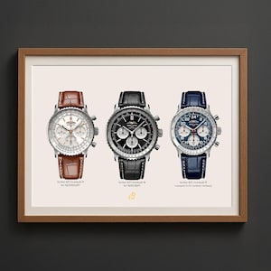 May include: A framed print featuring three Breitling Navitimer watches. The watches have different colored faces and bands, including brown, black, and blue. The print is in a wooden frame and is displayed against a dark gray background.