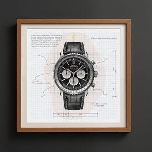 Könnte beinhalten: Gerahmter Druck einer Breitling-Uhr mit schwarzem Zifferblatt, silbernen Akzenten und einem schwarzen Lederarmband. Die Uhr wird auf einem karierten Hintergrund mit technischen Zeichnungen und Text dargestellt. Der Rahmen ist aus Holz.