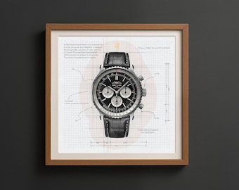 May include: Framed print of a Breitling watch with a black face, silver accents, and a black leather band. The watch is displayed on a grid background with technical drawings and text. The frame is made of wood.