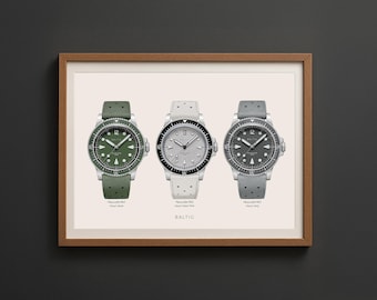 May include: A framed print featuring three Baltic watches. The watches have different colored faces and bands: green, white, and gray. The word "BALTIC" is printed in the center of the image. The watches are displayed on a cream-colored background.