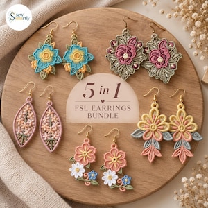 May include: A collection of five pairs of embroidered lace earrings featuring floral designs in blue, yellow, pink, and white with gold-toned hooks. The center text reads 5 in 1 FSL EARRINGS BUNDLE. These earrings showcase intricate thread work.