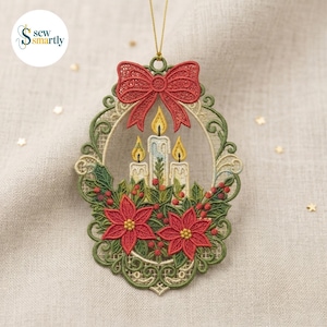 May include: An embroidered Christmas ornament featuring a red bow, three lit candles, and red poinsettias. The ornament is framed with a green and cream-colored filigree design and has a gold hanging string. The ornament is approximately 4 inches in height.