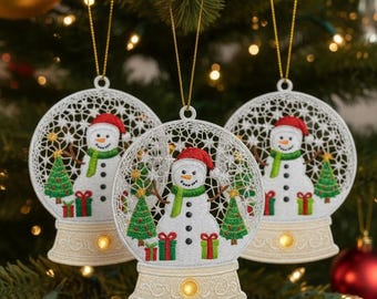 以下が含まれることがあります： 雪玉の形をした3つのクリスマスオーナメント。それぞれに赤い帽子と緑のマフラーを身に着けた雪だるまが描かれ、クリスマスツリーとプレゼントに囲まれています。オーナメントは白と金色のアクセントで、金色の紐で吊り下げられています。