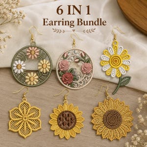 Puede incluir: Un conjunto de 6 pendientes con diseños florales bordados. El set incluye aros circulares con margaritas y rosas, un girasol con tallo, una flor geométrica amarilla y dos pendientes distintos con forma de girasol y ganchos dorados.
