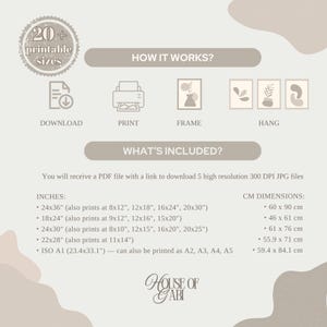 May include: A digital art print advertisement with text and graphics. The image includes instructions for downloading, printing, framing, and hanging the art. It lists various sizes in inches and centimeters, and the text "House of Gabi" is at the bottom.