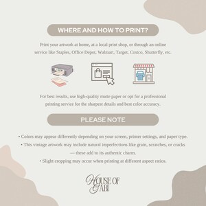 May include: A beige informational graphic with text about printing artwork. It includes icons of a printer, a shopping cart, and a storefront. The text advises printing at home, local shops, or online services. It also includes a "Please Note" section.