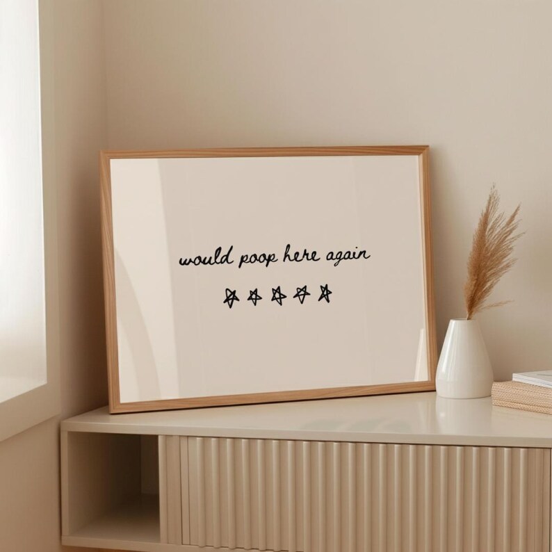 May include: A framed print with the text "would poop here again" in black script, along with five star symbols. The frame is a light brown color, and the background is a cream color.