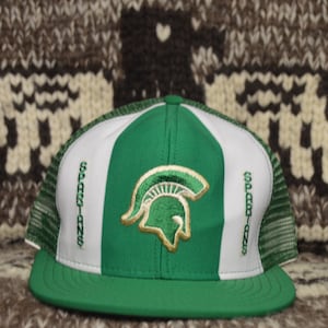 Vintage 1980’s Michigan State University Spartans AJD Lucky Stripe Trucker Hat!  80s MSU NCAA Snapback!