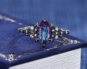 Unique Firework Cut Alexandrite Engagement Ring, Black Gold Ring Bridal Marquise Shaped Ring Alexandrite June Birthstone, New Year For Her