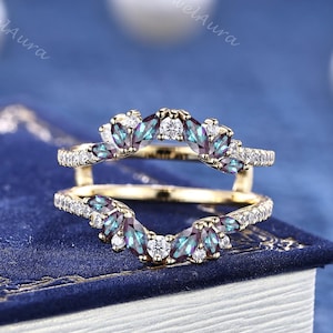 Vintage Alexandrite Curved Enhancer Wedding Band, Yellow Gold Diamond Halo Stackable Ring, Enhancer Wrap Guard Matching Band, Gift for Her